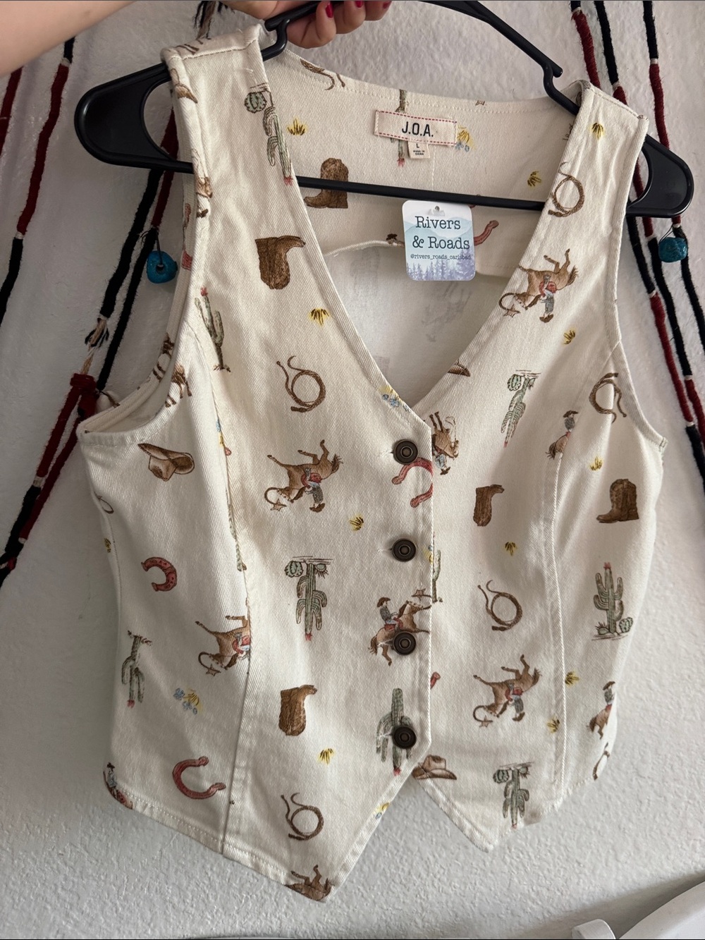 J.O.A. Cream Western Print Button Vest